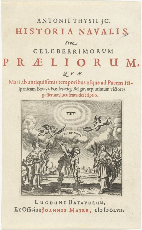Man holds shovel in the ground standing between personifications of Hope and Abundance, print maker: Cornelis van Dalen I, Joannes Maire, 1657