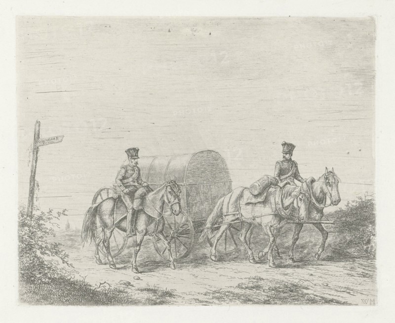 Two soldiers on horseback on the road, print maker: Christiaan Wilhelmus Moorrees, 1811 - 1867