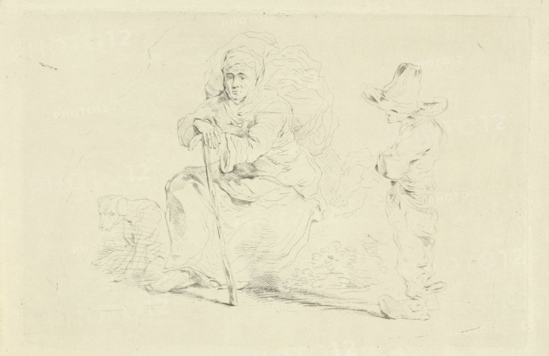 Resting woman leaning on a stick, print maker: Jean Zacherie Mazel, 1802 - 1884