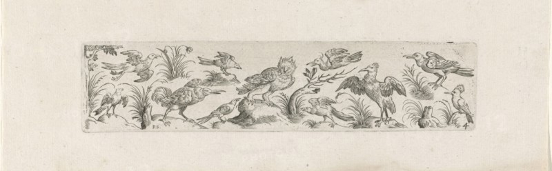 Frieze with eleven birds, at the left end of the frieze is a tree, print maker: Pieter Serwouters, Hans Collaert I, Marcus Geeraerts, c. 1607