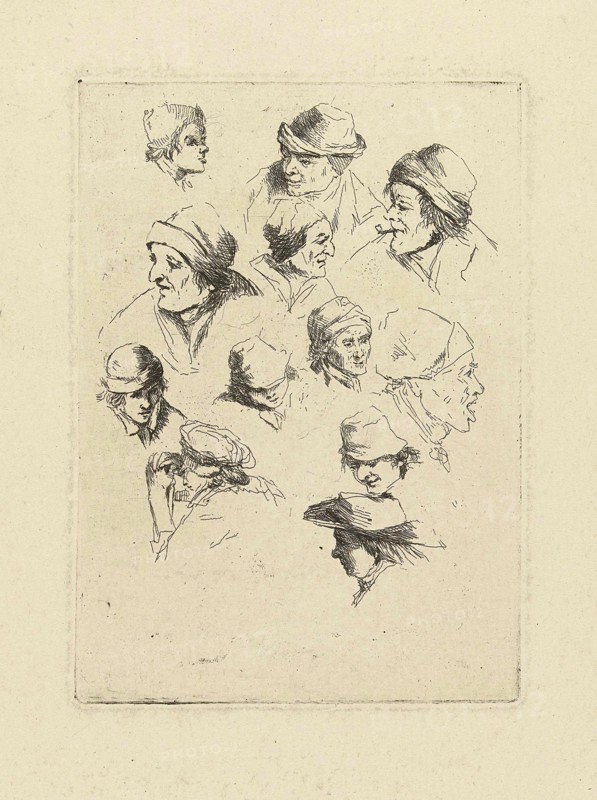 Study Sheet with twelve heads, print maker: Marie Lambertine Coclers, 1776 - 1815