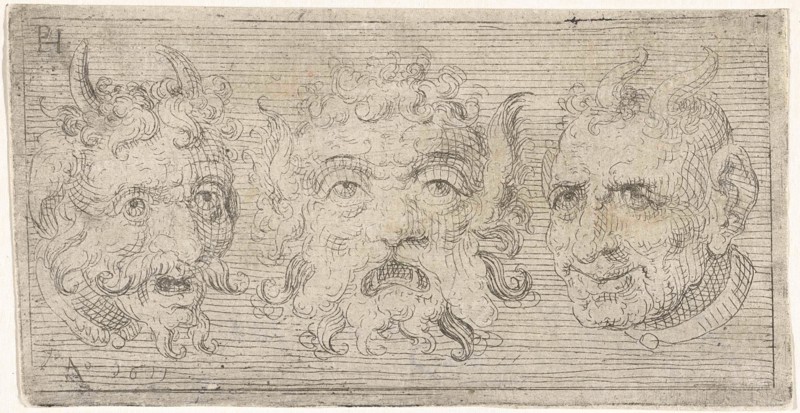 Three masks, two with horns, Pieter Feddes van Harlingen, 1611