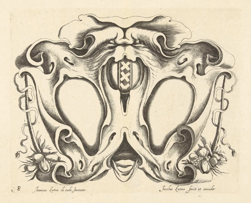 Lobe Cartouche with arms of Amsterdam, print maker: Jacob Lutma, Johannes Lutma I, Frederik de Wit, c. 1654 - c. 1678