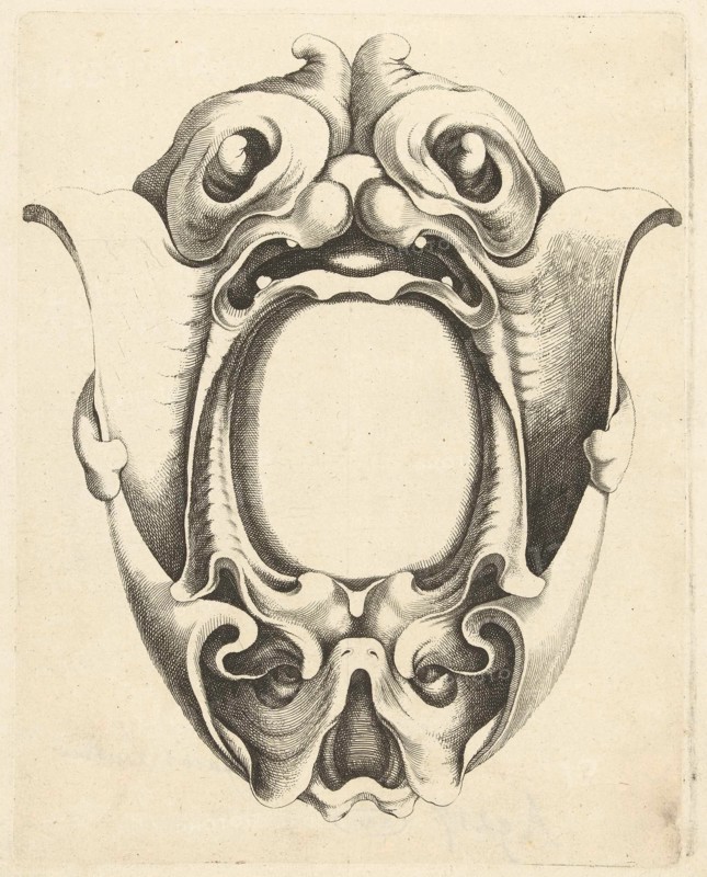 Cartouche with top and bottom of a mask, Jacob Lutma, Johannes Lutma (I), Frederik de Wit, c. 1654 - c. 1678