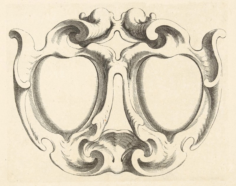 Wide cartridge with two heart-shaped compartments, print maker: Johannes Lutma II, Johannes Lutma II, Frederik de Wit, c. 1653 - c. 1655