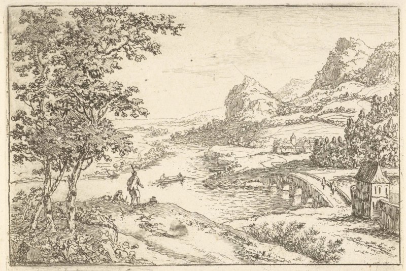 Stone bridge at a river junction, Jan van Almeloveen, 1662-1683