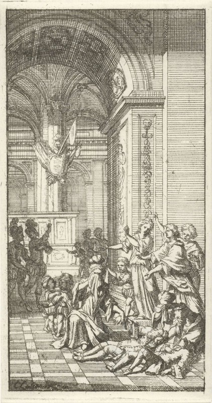 Women weep for two dying men in a palace, Christoffel Lubienitzki, 1704