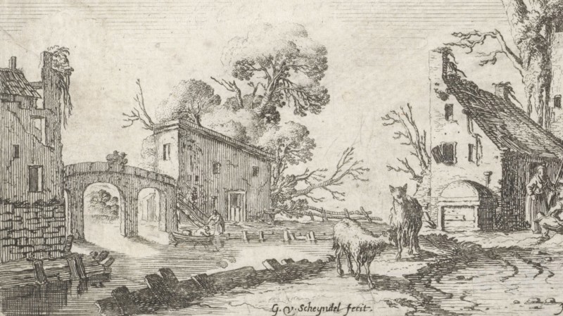 Hearing, at the river are a farm, a tower and other buildings, against the tower ladder a woman and two men, across the water is a bridge on the river two figures in a boat, in the foreground, two sheep, the print is a part of a series of landscapes with the five senses, print maker: Gillis van Scheyndel (I) (mentioned on object), Dating 1618 - 1645