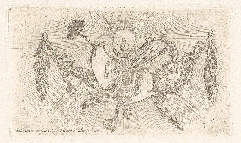 Vignette with winch, burning heart, shield, freedom hat and sun, Willem Bilderdijk, 1777