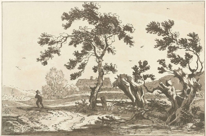 Landscape with trees along a road, on the way a traveler seen from the back, print maker: Hendrik Meijer, Dating 1789 - 1793