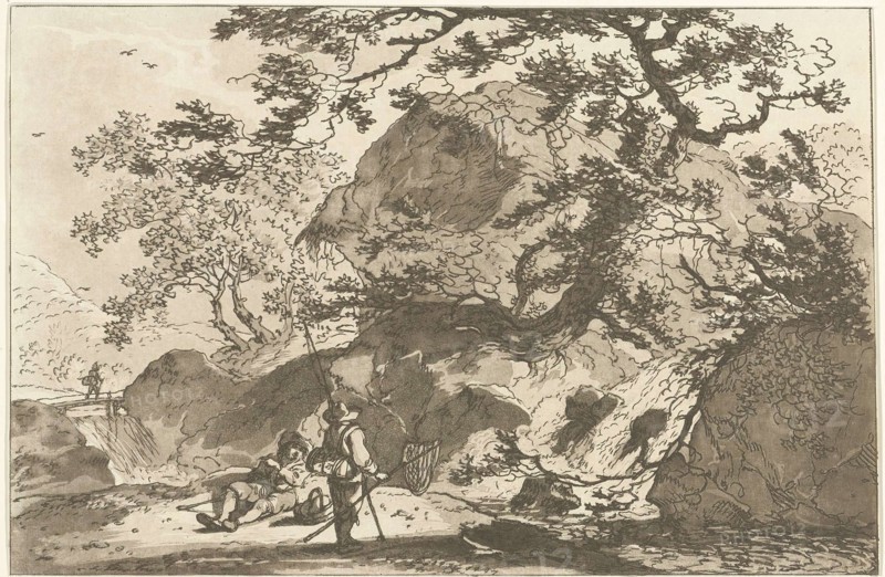 Landscape with a fisherman and a man resting, print maker: Hendrik Meijer, print maker: Timothy Sheldrake, 1789 - 1793