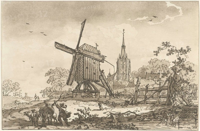 landscape with a windmill and a church, Hendrik Meijer, Timothy Sheldrake, 1789 - 1793