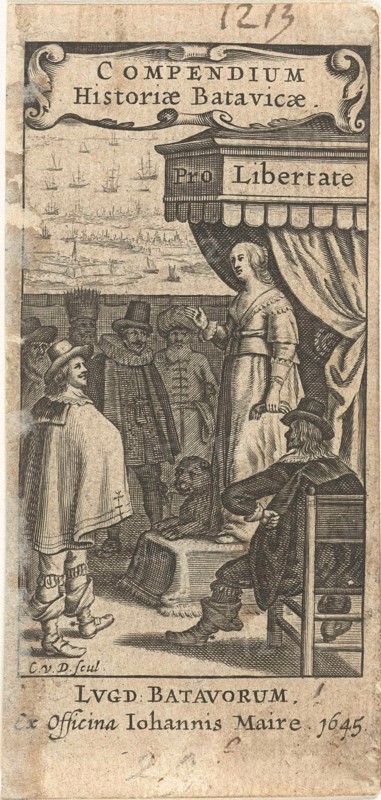 Dutch Virgin with lion on throne speaks to men from different countries, with title cartouche, Cornelis van Dalen I, Joannes Maire, 1645
