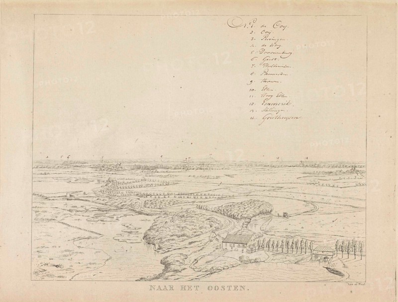 View of the landscape east of Nijmegen, with floodplains, in the distance is Ooij, on the horizon are the church towers include the towns Ooy, Persingen, Doornenburg, Gendt, Hulhuizen, Pannerden, Elten, Hoog Elten en Emmerik displayed, print maker: Derk Anthony van de Wart (mentioned on object), Dating 1815 - 1824