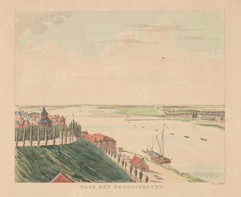 View of the Valkhof and Waal northwest of Nijmegen, The Netherlands, print maker: Derk Anthony van de Wart, 1815 - 1824