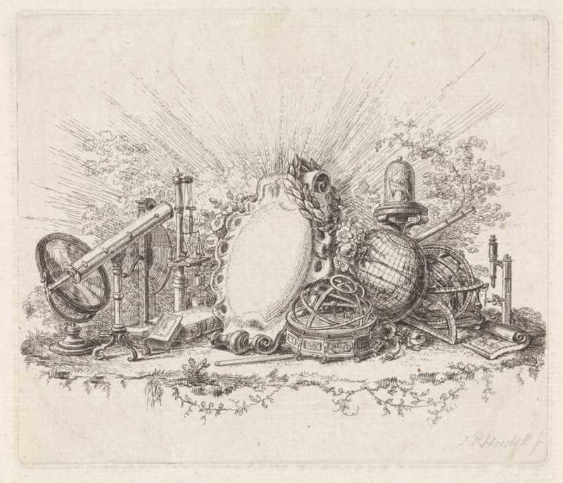 Cartouche surrounded by scientific instruments, Johannes Petrus van Horstok, 1755 - 1825