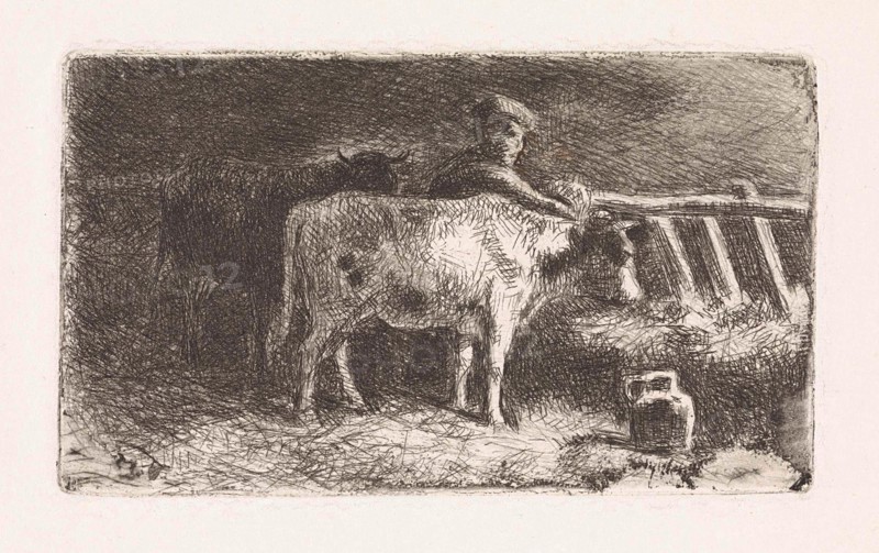 Farmer between two cows in a stable (small version), Jan Vrolijk, 1860 - 1894