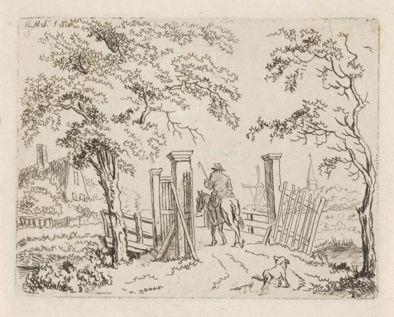 Rider with dog at a bridge, Hendrik Marcus Schouten, 1810