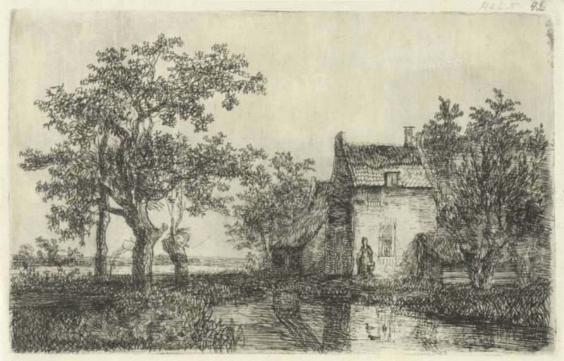 Woman with a basket for a farm house near the water, Hermanus Jan Hendrik van Rijkelijkhuysen, 1857