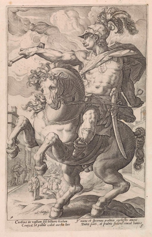 Marcus Curtius on horseback, Anonymous, Hendrick Goltzius, Franco Estius, 1645 - 1706