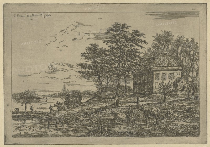 Crossing the Lek in the spring in Beusichem, The Netherlands, in the yard at the ferry house is a woman with two buckets among the cows, in the background is a chariot with two horses about to go on board the ferry, print maker: Gerardus Emaus de Micault (mentioned on object), Dating 1862