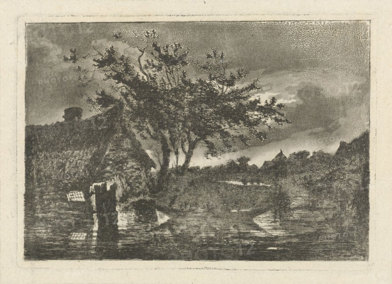 River Landscape with a dilapidated farmhouse, which is partly in the water, in the foreground two men who bring baskets from the boat ashore, print maker: FranÃ§ois Joseph Pfeiffer (II), Dating 1793 - 1835