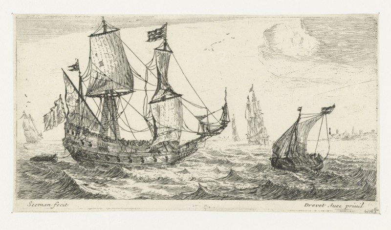 A large sailing ship, a pinnace, and a smaller ship, on the water, three large ships, a village right on the coast, print maker: Anonymous, Dating 1650 - 1738