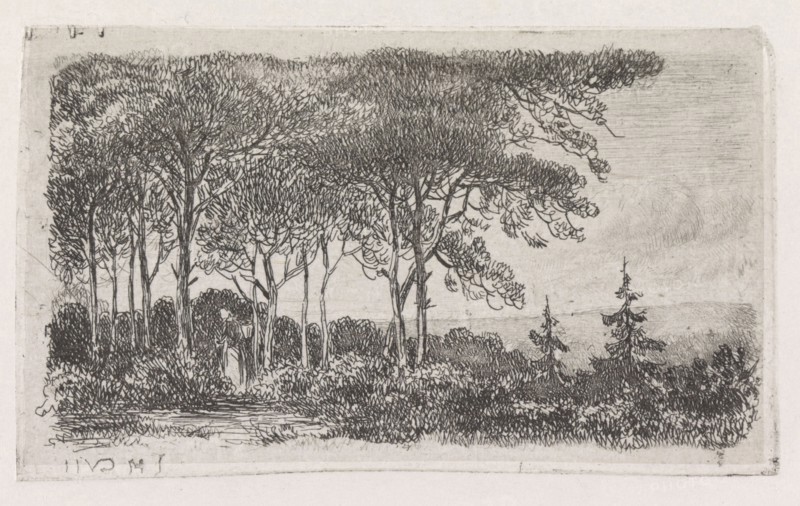 A wooded landscape with the left in the foreground a woman with a basket on her back, print maker: Jacob Jan van der Maaten (mentioned on object), Dating 1830 - 1879