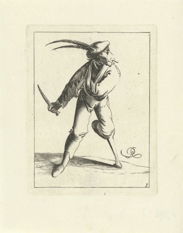 A fool with a wooden leg and arm in a sling has a knife in his hand, he wears a beret with long feathers, his face is elongated and resembles the muzzle of a goat, print maker: Pieter Jansz. Quast (possibly), Dating 1639 - 1706
