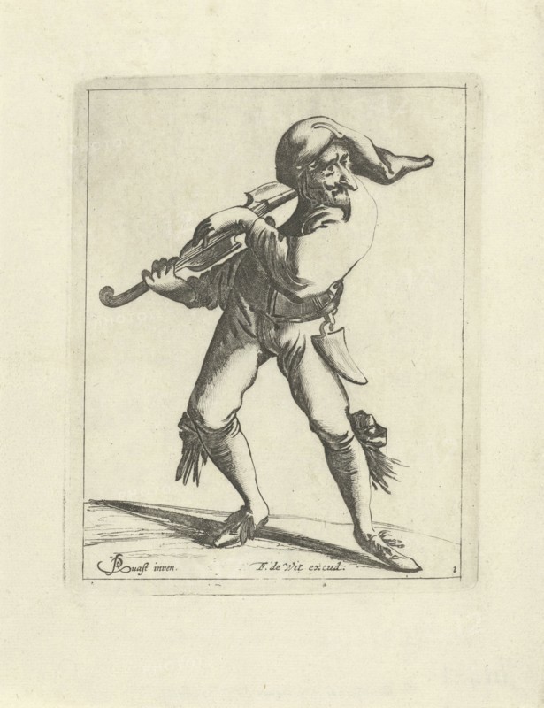 Jester with a violin, print maker: Pieter Jansz. Quast, Frederik de Wit, 1639 - 1706