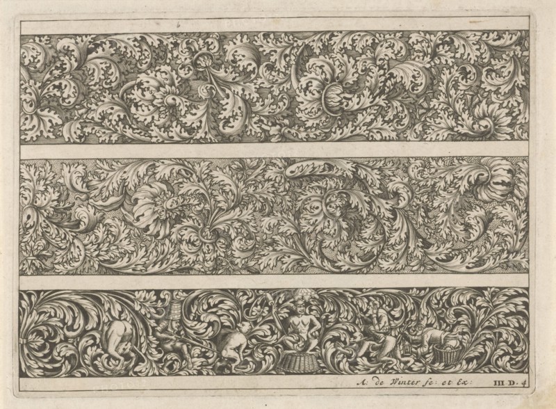 Three friezes with leaf tendrils, Anonymous, Anthonie de Winter, 1696