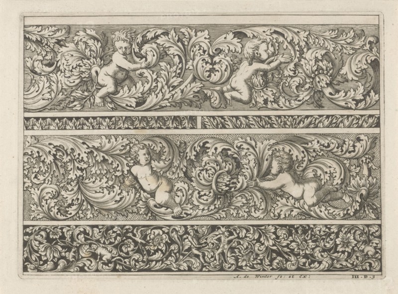 Three friezes with leaf tendrils, Anthonie de Winter, Anonymous, 1696