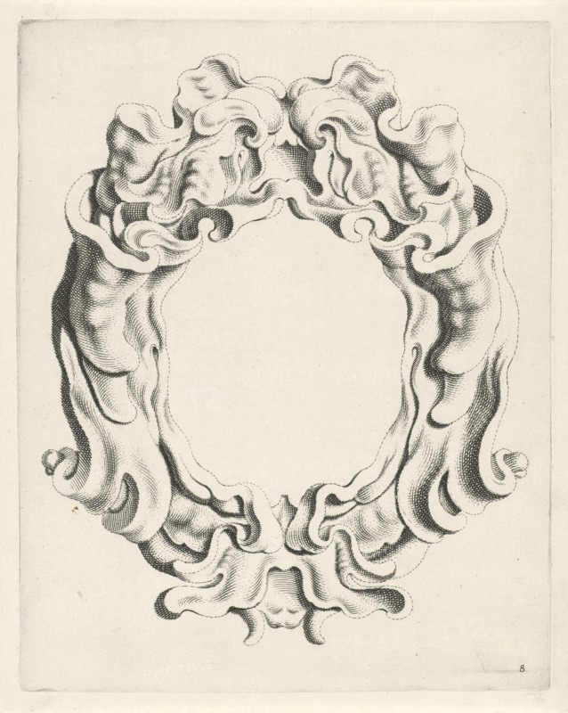 Cartouche with lobe ornament, overhead mask with open mouth, print maker: Michiel Mosijn, Gerbrand van den Eeckhout, Clement de Jonghe, 1640 - 1655