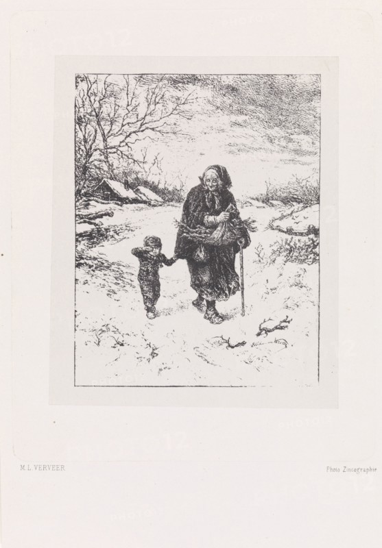 Wood gatherers with a crying child, Elchanon Verveer, Maurits Verveer, 1827-1913