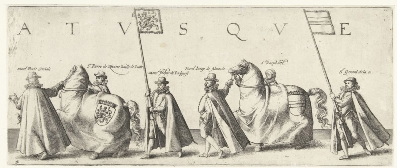 Floris Serelais, Pierre de Rhosne, bailiff of Putte, Jaspar van Poelgeest, Jacob van AlmondeÂ¸ Raephorst and Gerard Van der Aa with two horses with weapons and flags of Dietz and Vianden, sheet 4 in the funeral procession of William of Orange, Delft August 3, 1584, print maker: Hendrick Goltzius, Dating 1584 and/or 1584 - 1638