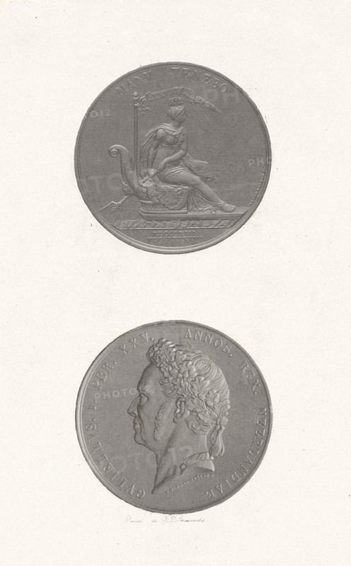 The front and back of a coin to commemorate the 25th anniversary of king William I, the portrait of Frederick William I, King of the Netherlands, print maker: Jan Dam Steuerwald (mentioned on object), Dating 1838 - 1840