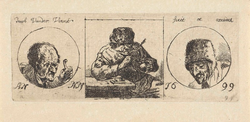 In the middle a smoker, right the head of a man with fur hat, left the head of a man holding in his hand a stick, print maker: Jacob Laurensz. van der Vinne (mentioned on object), Dating 1699