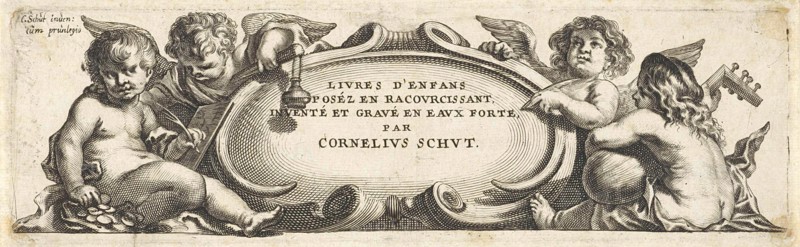 Four putti around a cartouche, print maker: Anonymous, Cornelis Schut I, unknown, 1618 - 1705
