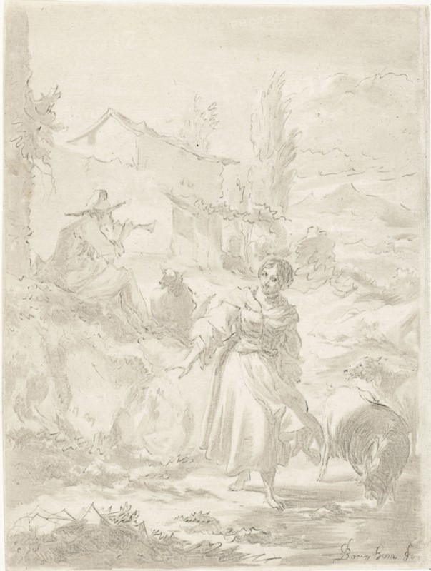 Shepherd sits on a rock and plays pipe, a shepherdess, goats, print maker: Jurriaan Cootwijck, Dating 1724 - 1798