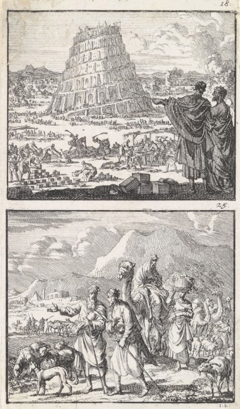 Construction of the Tower of Babel, Abraham and Lot leave their homeland, Jan Luyken, Barent Visscher, Andries van Damme, 1698