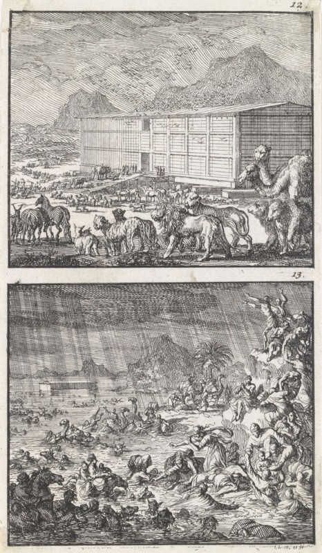 Noah loads all the animals in the Ark, The Flood, Jan Luyken, 1698