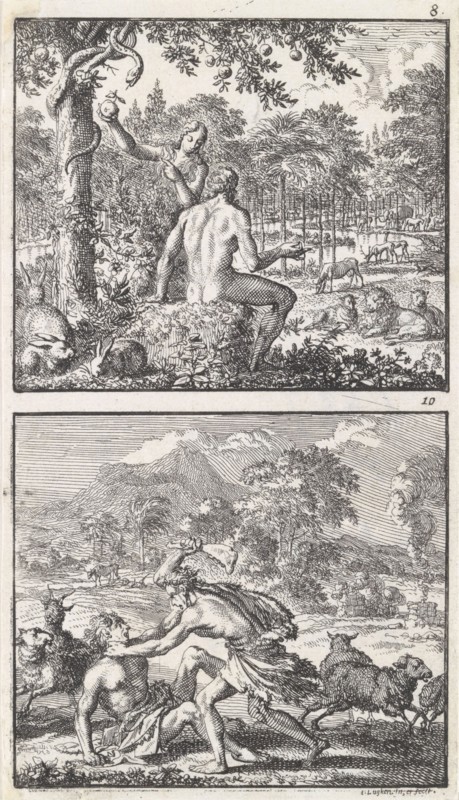 Adam and Eve in paradise, Abel beaten by Cain, Jan Luyken, 1698