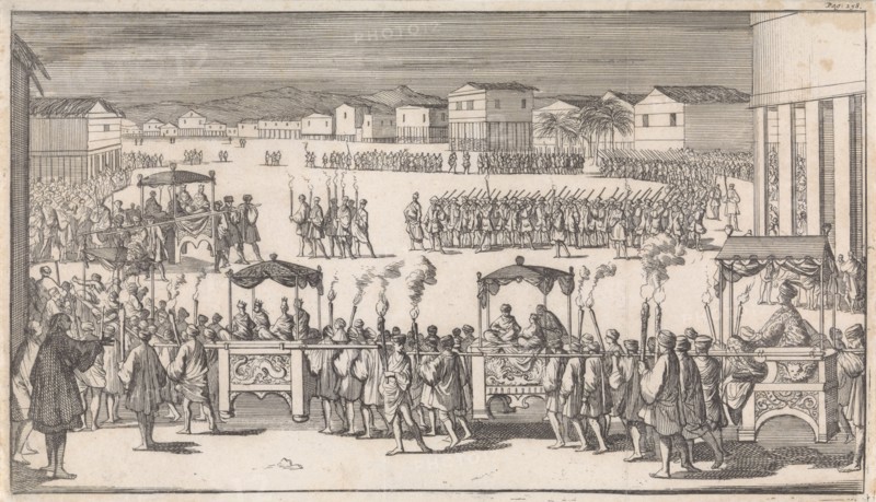 Grand parade to mark the arrival of Captain Charles Swan in Mindanao, Island in Philippines, print maker: Caspar Luyken, Abraham de Hondt, 1698