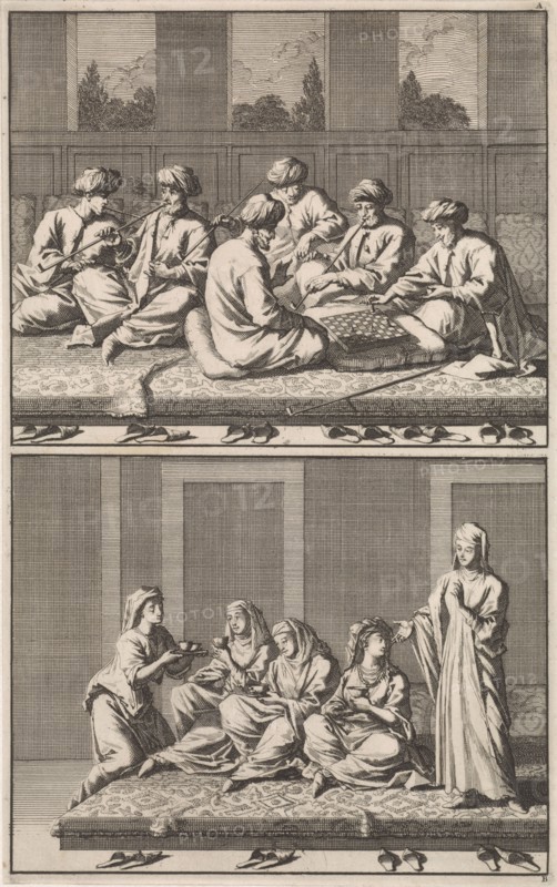 Company of six smoking and chess-playing Turks, Company of coffee drinking four women and a slave, Jan Luyken, 1698