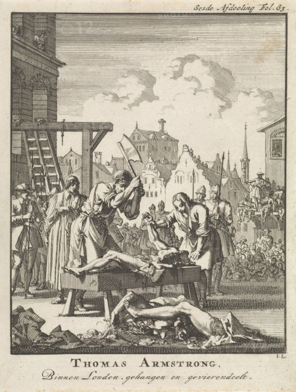 Thomas Armstrong hanged and quartered in London, 1684, Jan Luyken, Jan Claesz ten Hoorn, 1698