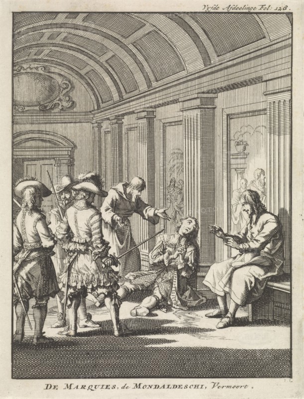 Marquis Giovanni Monaldeschi murdered in the palace of Fontainebleau, 1657, Jan Luyken, Jan Claesz ten Hoorn, 1698