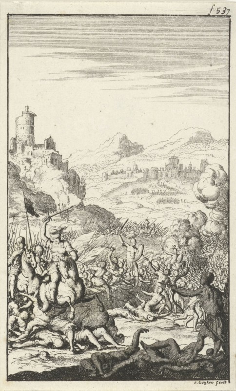 Fight between the armies of Poliarchus and Ambiodorix, Jan Luyken, Jan Claesz ten Hoorn, 1681