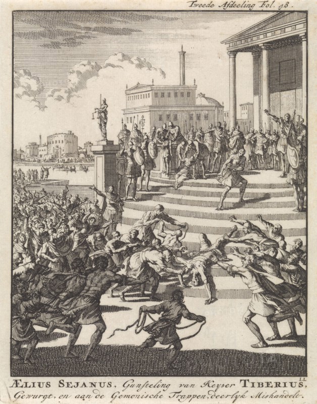 Sejanus, prefect under the emperor Tiberius, is beaten and strangled, 31 BC, Jan Luyken, Jan Claesz ten Hoorn, 1698