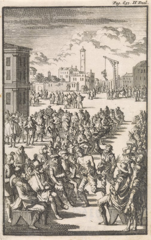 Barbier Philippo Martioli tortured in front of his peers, Jan Luyken, Janssonius van Waesberge, weduwe Steven Swart, 1697