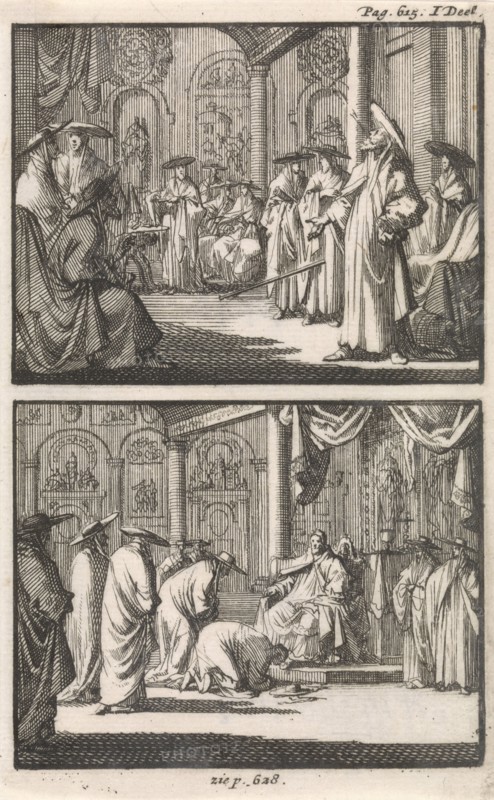 Cardinal Montalto stands up after being elected as pope and throws away his stick, Cardinals kiss the feet of Pope Sixtus V., Jan Luyken, Janssonius van Waesberge, weduwe Steven Swart, 1697